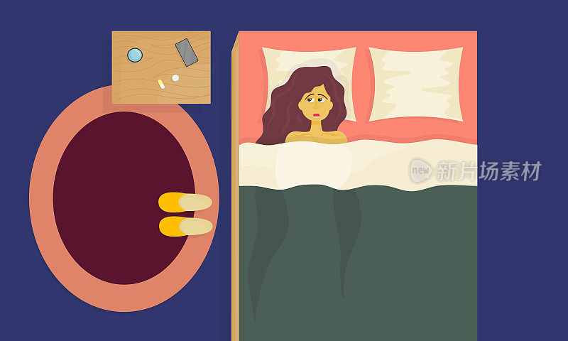 The concept of insomnia. A sleepless girl lies in bed with her eyes open, trying to sleep. The room has a bed and a nightstand with pills, a glass of water and a phone. Vector illustration..